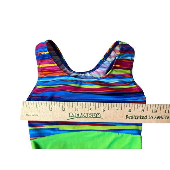 Motionwear Gymnastics Shortall Leotard Girls 8-10 Green Velvet Rainbow Stripe - Picture 7 of 13